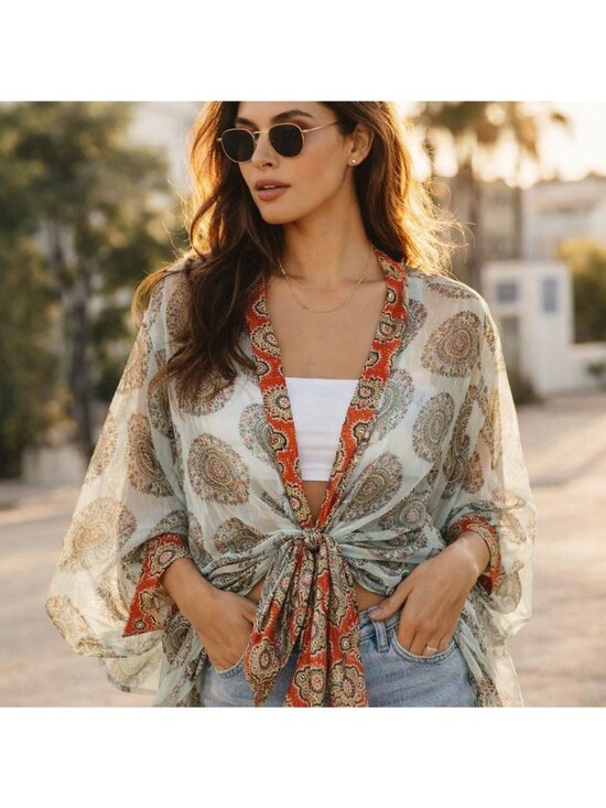 Free People Accessories - Free People Sheer Kantha Kimono Tie Front Boho Festival Top Shimmery Summer OS